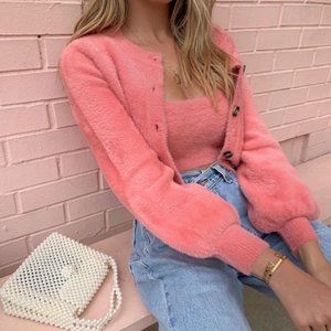 For Love & Lemons Pink Fuzzy Mohair Cardigan